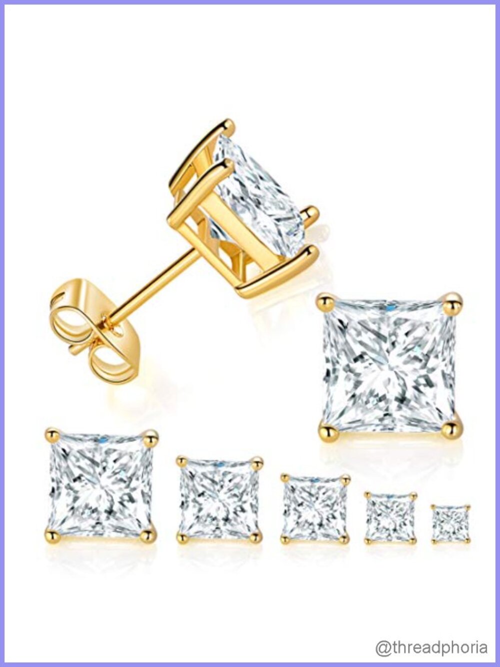 14K Gold Plated Princess Cut CZ Stud Earrings 5 Pairs Set